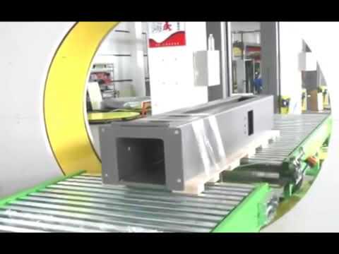 Film-wrapping machine stretches and wraps horizontally.