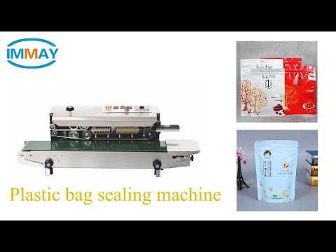 Horizontal plastic bag sealer with continuous heat sealing capabilities.