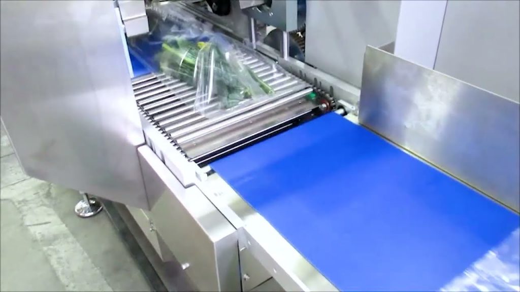 Horizontal vegetable packaging machine for flow pack purposes.