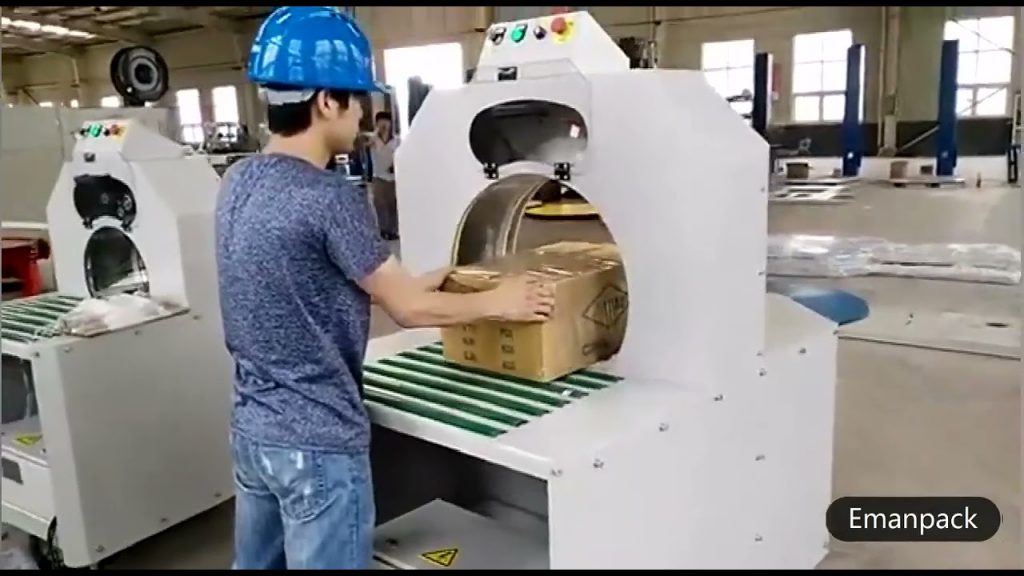 Orbital stretch wrapping machine efficiently packs cartons and boxes.