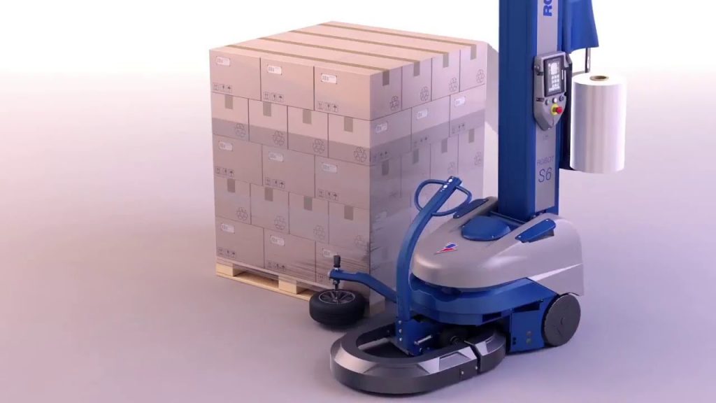 Stretch wrapping machine for packaging goods with robotic automation capabilities.